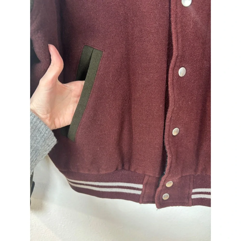 Vintage Style Wool Varsity Jacket New York Giants Patch Burgundy Snap Bomber - Picture 4 of 12